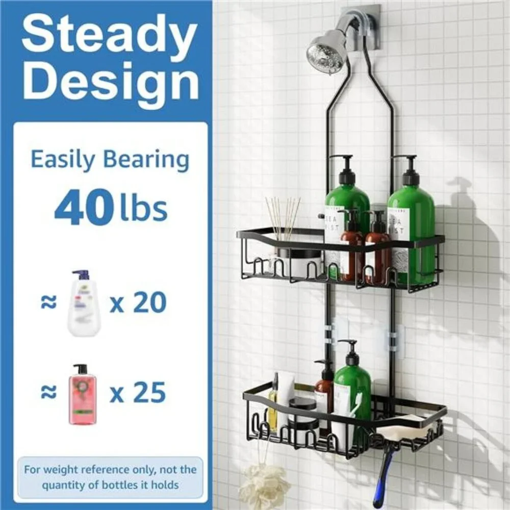 Upgraded Extended Length Shower Organizer with Hooks, Rustproof Shampoo Soap
